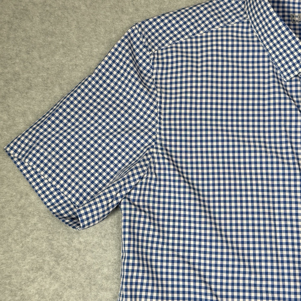 Barbell Shirt Mens Medium Blue White Gingham Short Sleeve Button Front Stretch - Picture 3 of 9